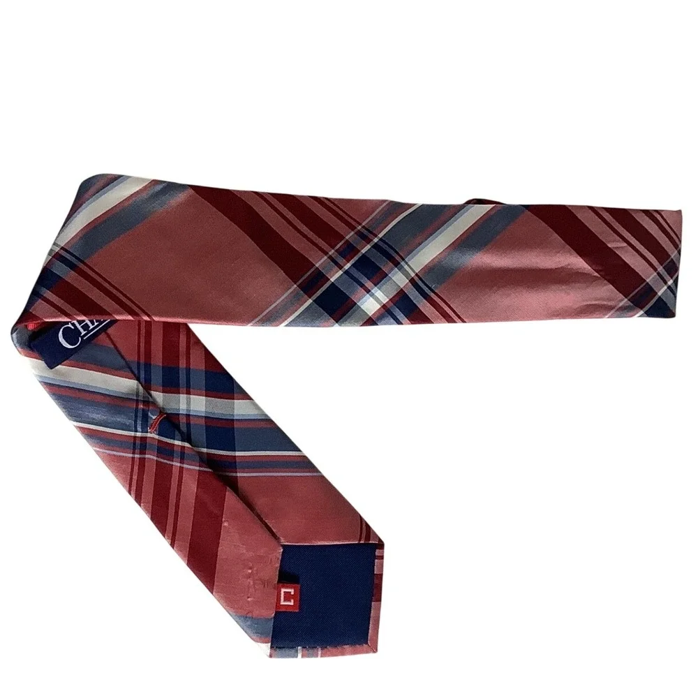 Chaps Mens Silk Plaid Necktie Dusty Rose Burgundy Navy Blue Classic Formal Tie